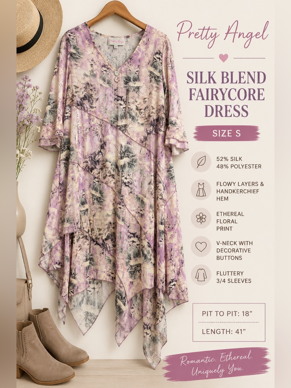 Pretty Angel Silk Blend Fairycore Handkerchief Hem Dress Size S Pastel Floral